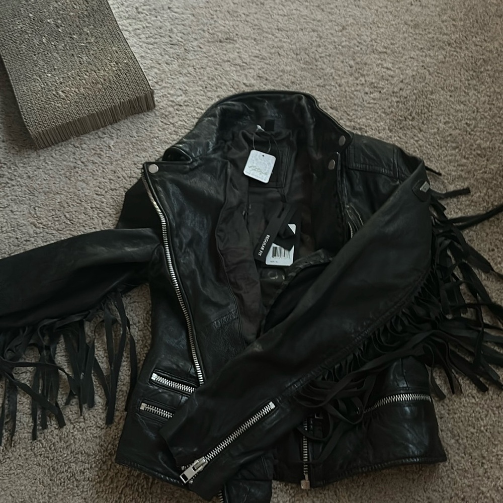 Free People Black Leather Fringe Jacket